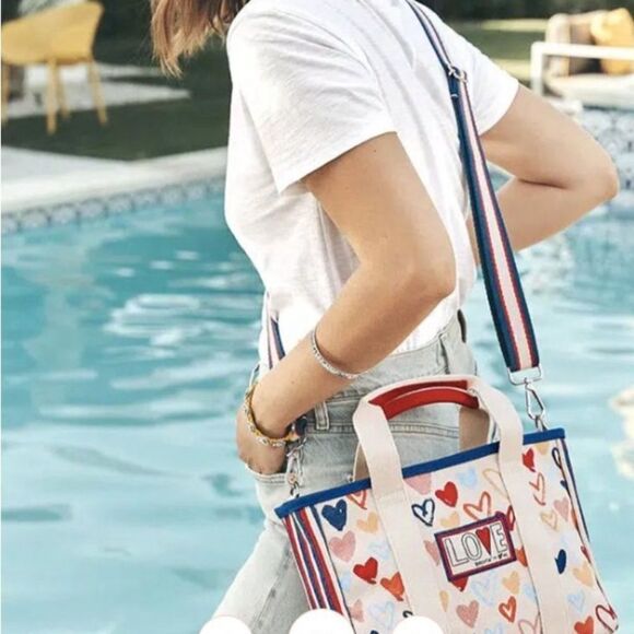 NWT Brighton Red White and You Mini Tote Bag Canvas With Hearts and Love Strap - Picture 4 of 12